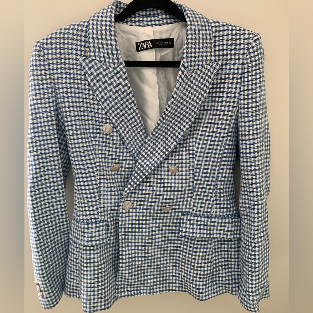 NWOT Zara blue gingham blazer size small
